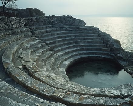 Greek Amphitheater Echoing Ancient Philosophical Debates, The stone tiers blur into a historical venue for thought and discourse.