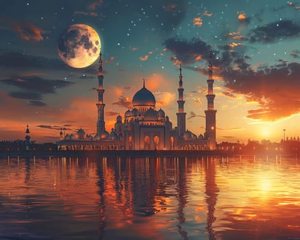 Islamic Crescent Moon Rising Over a Quiet Mosque, The celestial symbol blends into the twilight, marking the significance of time and worship.