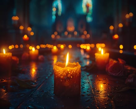 Glowing Candles in a Darkened Sanctuary Signifying Light and Guidance, The soft light blurs into a symbol of warmth and divine presence.