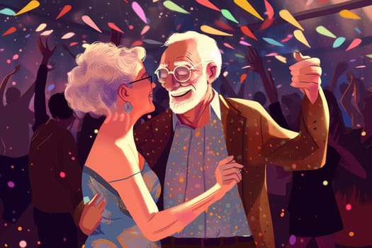 A heartwarming illustration of an elderly couple dancing, their faces alight with joy, amidst a vibrant party atmosphere, celebrating life and love with unbridled enthusiasm