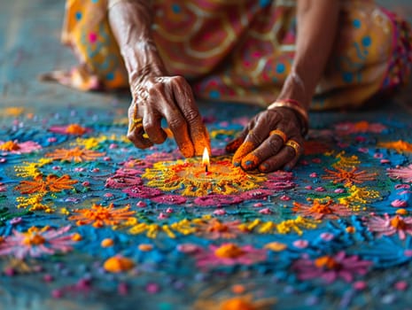 Mandala Sand Painting Being Created with Soft Edges, The colors and shapes spread, capturing the impermanence and beauty of spiritual art.