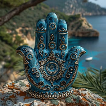 Hamsa Hand Amulets Overlooking a Mediterranean Seascape, The protective symbols blur with the sea, guarding against the evil eye.