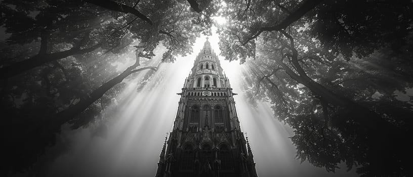 Gothic Church Spire Reaching Upward into a Cloudy Sky, The spire blurs into the heavens, a Gothic symbol of aspiration and belief.