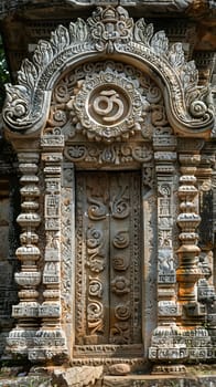 Hindu Om Symbol Adorning a Temple Entrance, The sacred sound's representation blends into the structure, inviting spiritual reflection.