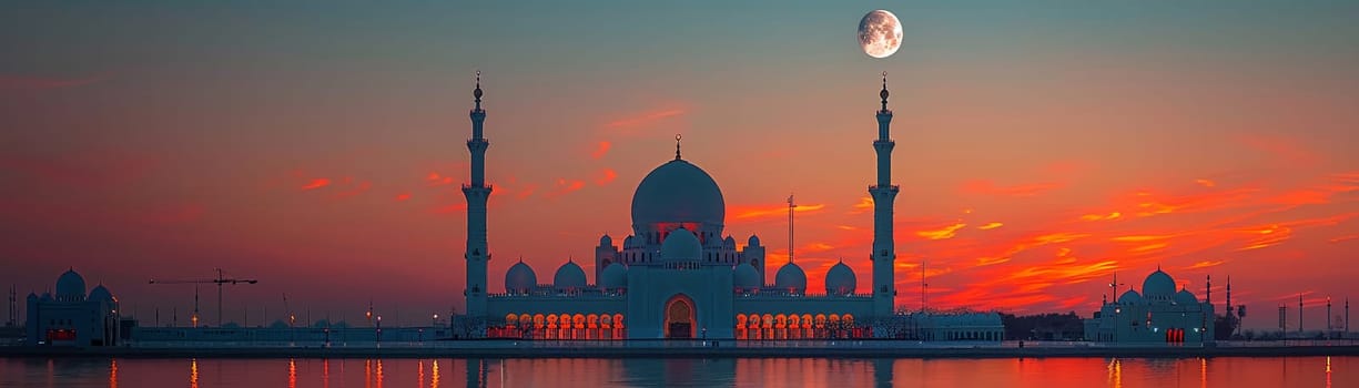 Islamic Crescent Moon Rising Over a Quiet Mosque, The celestial symbol blends into the twilight, marking the significance of time and worship.