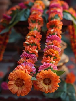 Flower Garlands Prepared for a Hindu Ceremony, The flowers' edges soften, representing offerings of respect and piety.