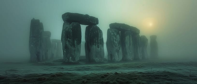 Ancient Pagan Henge Standing Mysteriously in a Field, The prehistoric stones blur into the landscape, marking time and rituals long passed.