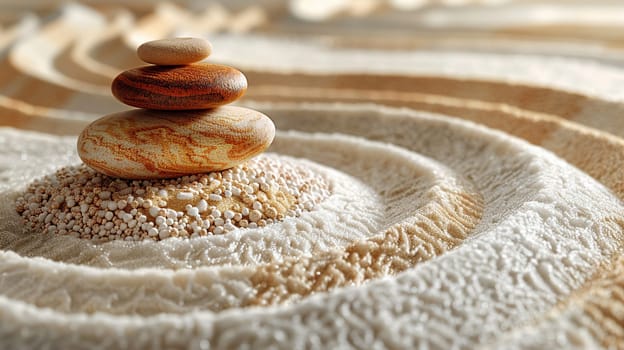 Tranquil Zen Garden Raked into Patterns of Harmony, The soft lines in sand suggest mindfulness and the pursuit of spiritual balance.