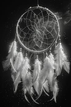 Native Dream Catcher Swirling in the Wind, The intricate web merges with the air, a protector of sleep and a catcher of dreams.