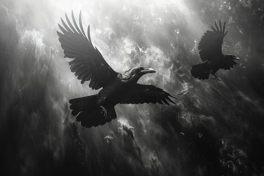 Norse God Odin's Ravens in Flight, Their shapes blending into the sky, messengers of wisdom and war.