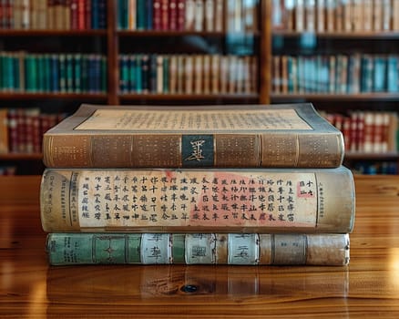 Confucian Scrolls Displayed in a Scholar's Study, The text blurs into paper, signifying wisdom and the pursuit of knowledge.