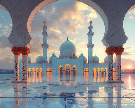 Islamic Architecture with Domes and Arches in Soft Focus, The contours blur into a skyline, symbolizing the beauty and intricacy of Islamic design.