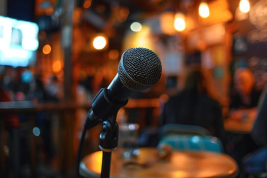 A microphone stands ready in a warm, inviting cafe setting, anticipating the thrum of a lively poetry slam event