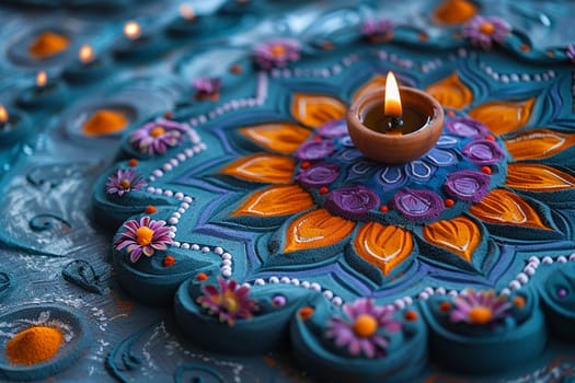 Mandala Sand Painting Being Created with Soft Edges, The colors and shapes spread, capturing the impermanence and beauty of spiritual art.