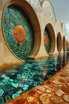 Islamic Geometric Patterns Cascading Across a Mosque Wall, The complex designs blend into a testament to creativity and divine inspiration.