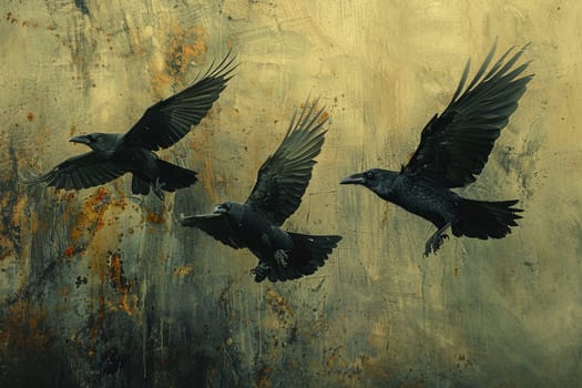 Norse God Odin's Ravens in Flight, Their shapes blending into the sky, messengers of wisdom and war.