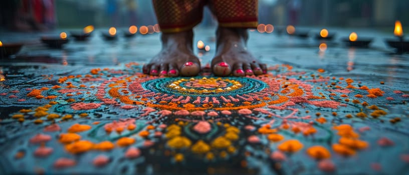 Colorful Hindu Festival Rangoli Blurring into Artistic Devotion, The intricate patterns spread into a vibrant display of culture and prayer.