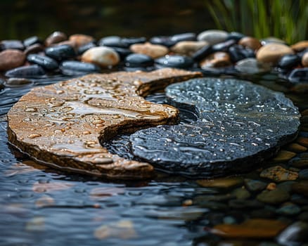 Taoist Yin Yang Symbol Painted on a Tranquil Pond, The duality of shapes merges with water, embodying balance and philosophy.