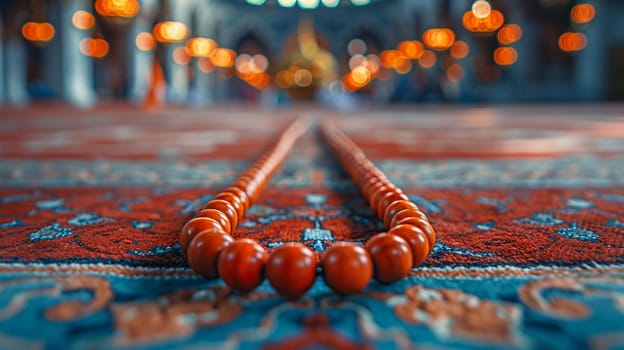 Muslim Prayer Beads Laid Gently on a Prayer Mat, The beads' outline softens, signifying devotion and the recitation of prayers.