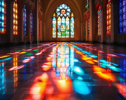 Stained Glass Window Casting Colored Light on a Church Floor, The vibrant hues blend and blur, telling biblical stories in light.