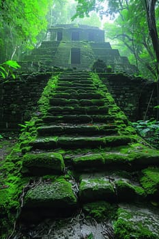 Mayan Pyramid Edges Blurring into a Jungle Canopy, The structure's silhouette merges with the foliage, a relic of Mesoamerican spirituality.