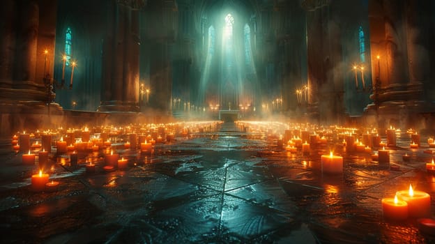 Glowing Candles in a Darkened Sanctuary Signifying Light and Guidance, The soft light blurs into a symbol of warmth and divine presence.