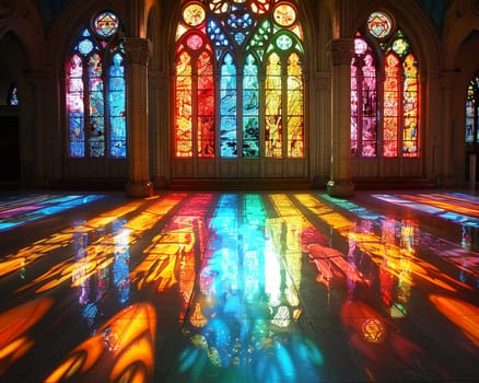 Stained Glass Window Casting Colored Light on a Church Floor, The vibrant hues blend and blur, telling biblical stories in light.