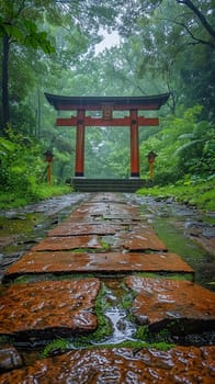 Shinto Shrine Torii Gate Framing a Peaceful Forest, The traditional structure blends with nature, signifying a sacred entrance.