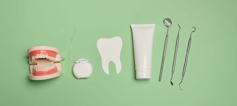 Model of human teeth, tube with toothpaste, dental floss and medical mirror on a green background, oral hygiene. Top view