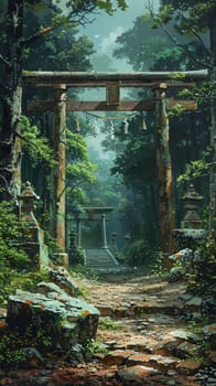 Shinto Shrine Torii Gate Framing a Peaceful Forest, The traditional structure blends with nature, signifying a sacred entrance.