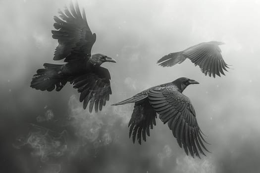 Norse God Odin's Ravens in Flight, Their shapes blending into the sky, messengers of wisdom and war.