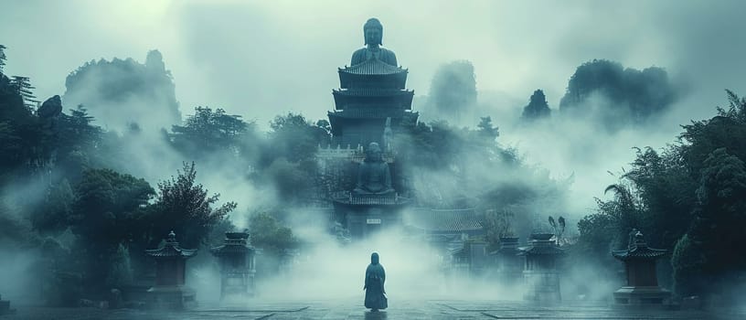 Bodhisattva Statues in Misty Mountain Temples, The figures blur into the mist, embodying compassion and the path to enlightenment.