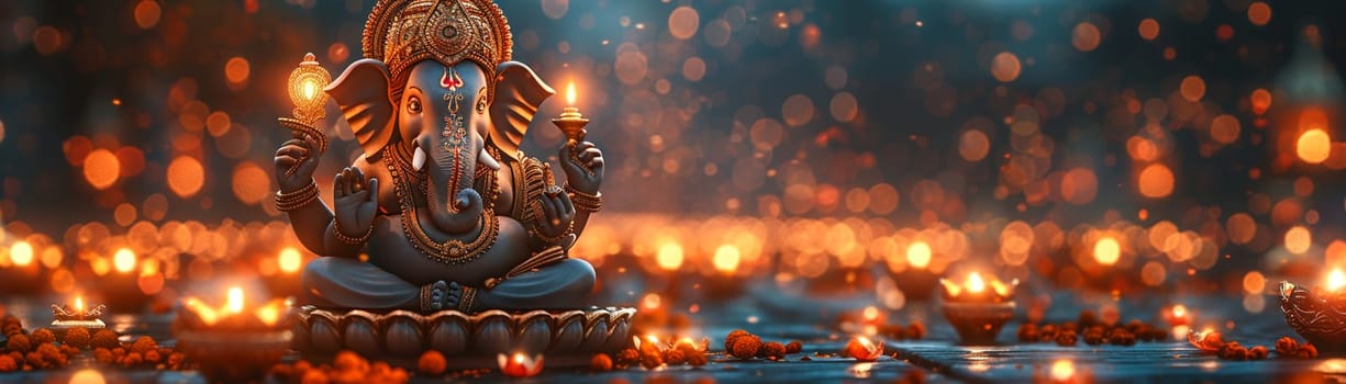 Ganesha Idol Serenely Sitting Among Diwali Lights, The blurred glow of lamps creates an atmosphere of celebration and worship.