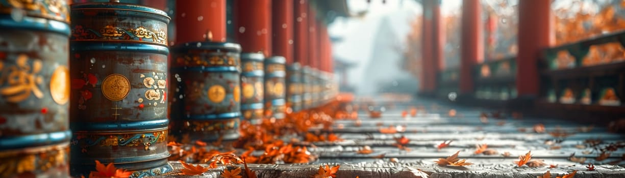 Buddhist Prayer Wheels Spinning Alongside a Mountain Path, The motion blur suggests the ongoing prayers and spirituality of the faithful.