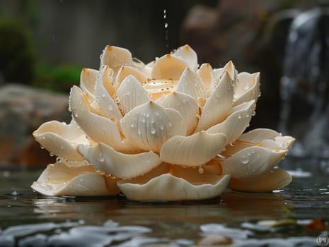 Buddhist Lotus Flower Sculpture Emerging from Water, The flower's shape softens into the surface, signifying purity and spiritual unfolding.