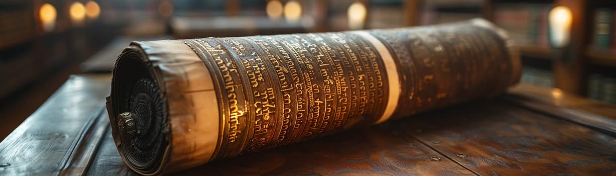 Torah Scrolls Safely Housed in a Softly Lit Ark, The sacred text blurs slightly, emphasizing the reverence and tradition it holds.