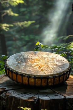 Shamanic Drum Ready for Spiritual Journeying, The instrument blurs into the shadows, a portal to other realms and inner wisdom.
