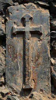 Coptic Christian Cross Engraved in an Ancient Church Wall, The cross merges with aged stone, a sign of resilience and history.