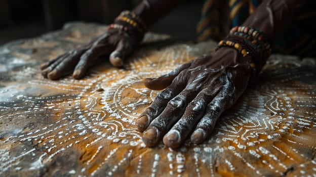 Vodou Veve Symbols Drawn in Flour for a Ceremony, The intricate lines spread out, carrying the power of connection to the divine.