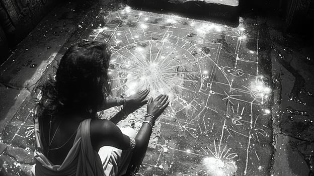 Vodou Veve Symbols Drawn in Flour for a Ceremony, The intricate lines spread out, carrying the power of connection to the divine.