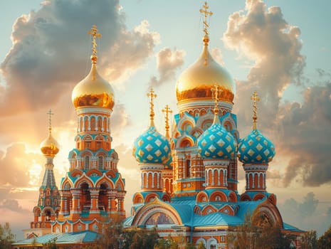 Orthodox Russian Onion Domes Against a Blurred Sky, The domes meld with the clouds, iconic of Russia's religious architecture and faith.