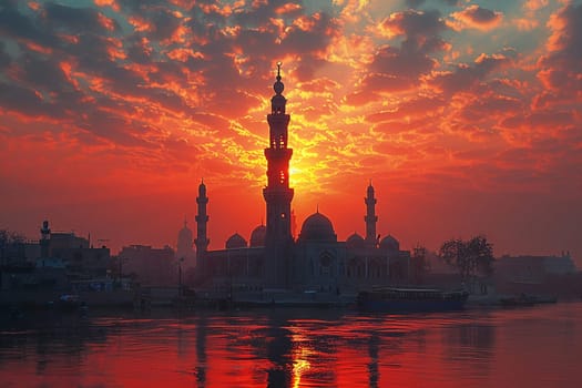 Islamic Minaret Towering Above a Historic City, The tower's silhouette merges with the sky, calling the faithful to prayer.