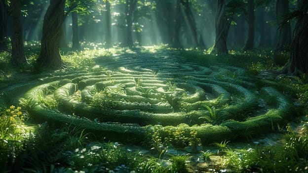 Labyrinth Path for Meditation Weaving Through a Churchyard, The journey's pattern blurs into grass, signifying contemplation and pilgrimage.