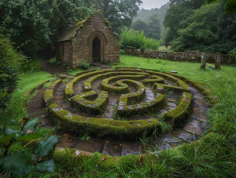 Labyrinth Path for Meditation Weaving Through a Churchyard, The journey's pattern blurs into grass, signifying contemplation and pilgrimage.