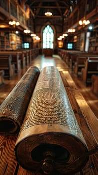 Torah Scrolls Safely Housed in a Softly Lit Ark, The sacred text blurs slightly, emphasizing the reverence and tradition it holds.