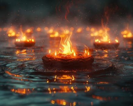 Hindu Diya Lamps Casting Soft Glows for Diwali, The lights blur together, celebrating the victory of light over darkness.