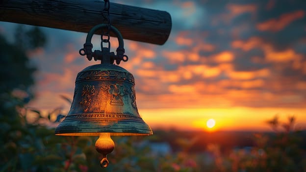 Brass Church Bell Silhouetted Against the Sunset, The bell merges with the dusk, a traditional call to prayer and gathering.