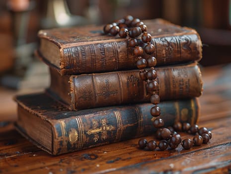 Rosary Beads Draped Over a Weathered Prayer Book, The beads and text blur together, a Catholic emblem of prayer and reflection.