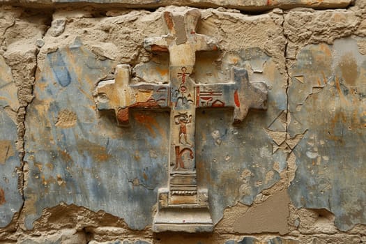 Coptic Christian Cross Engraved in an Ancient Church Wall, The cross merges with aged stone, a sign of resilience and history.