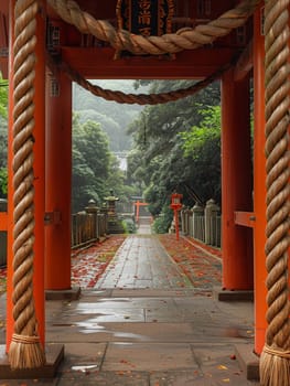 Shinto Sacred Rope Marking the Entrance to a Spiritual Space, The rope blends into the shrine, demarcating a boundary of purity and the divine.